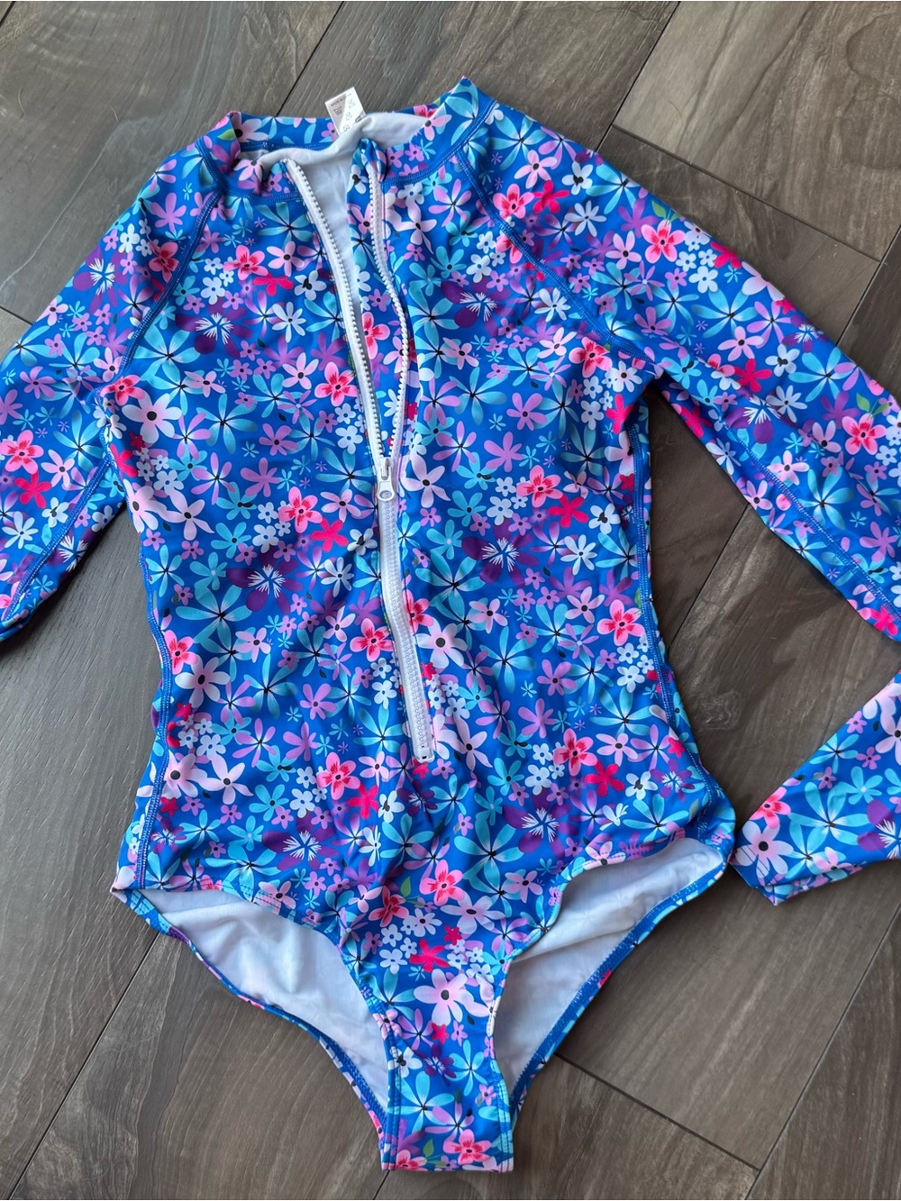 Long-Sleeve Floral One-Piece Swimsuit - Blue/Pink - Small
